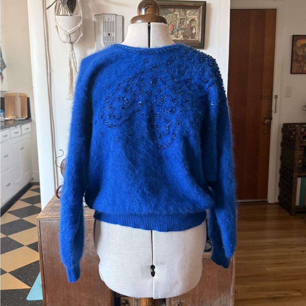 Rad Blue Beaded Vintage 80’s Angora Bat Wing Oversized Sweater